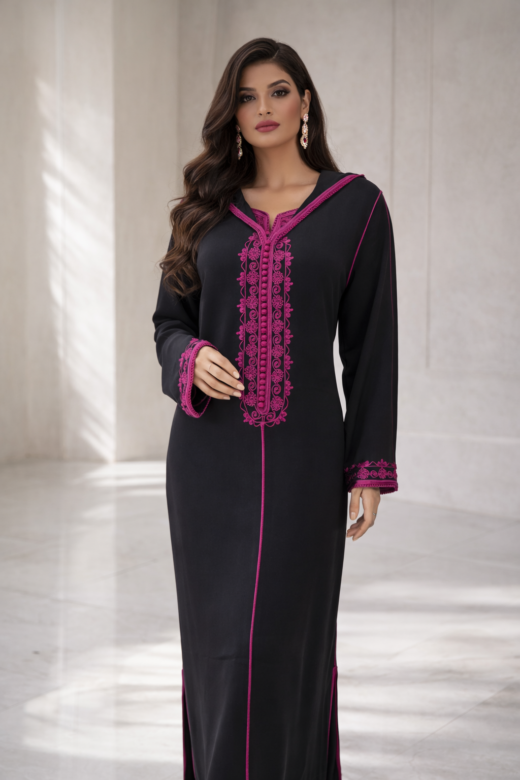 طقم الجلابة والقفطان "نسمة" الوردي مع الأسود - أناقة عصرية وشياكة يومية