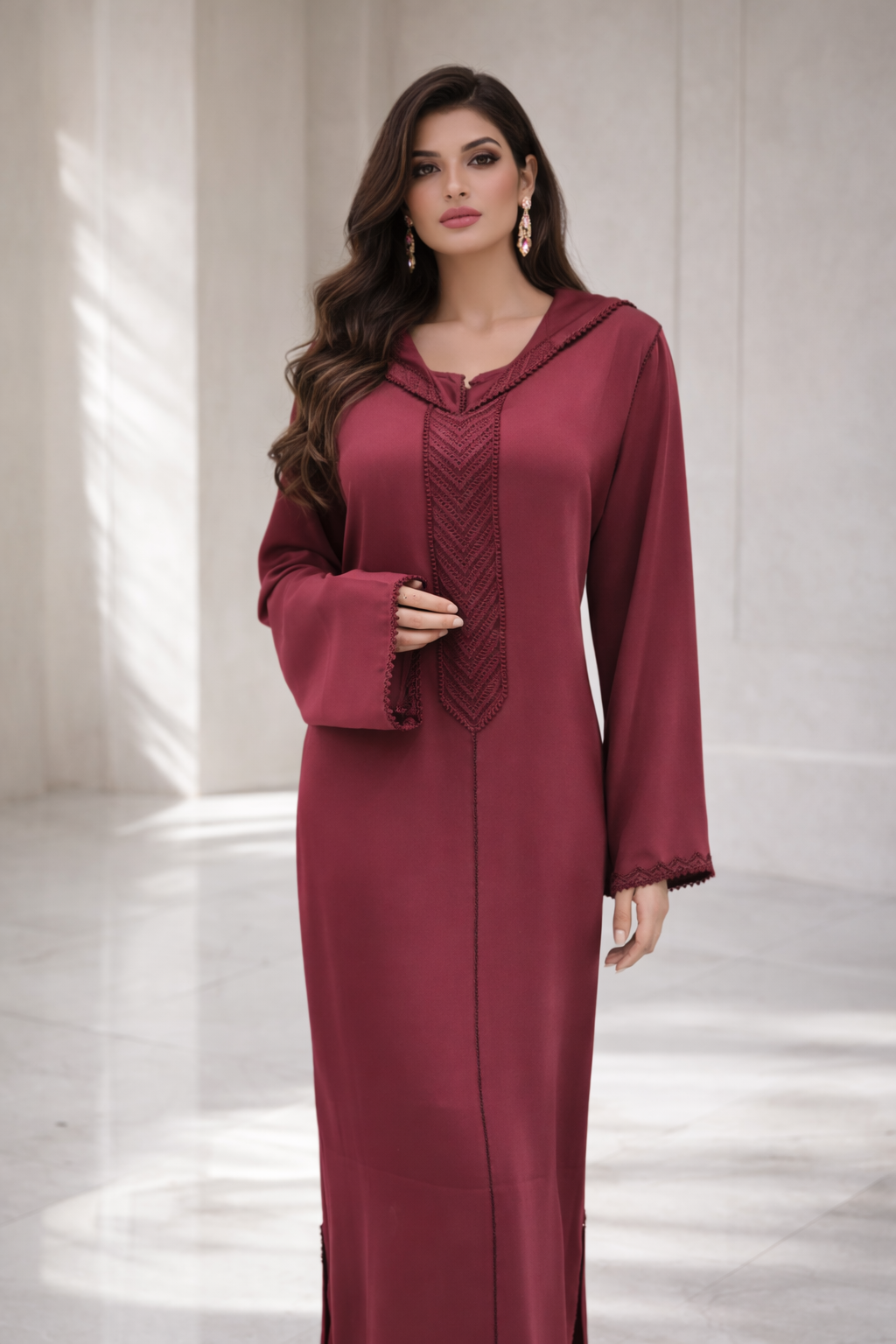 طقم الجلابة والقفطان "نسمة" العنابي - أناقة عصرية وشياكة يومية