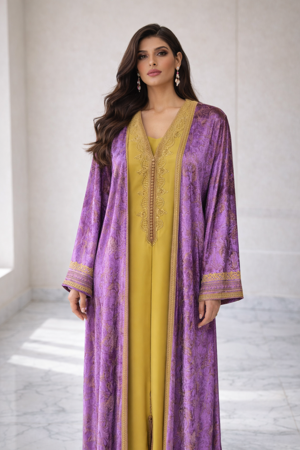 فراشة كيمونو بلكفتان ديالو - أرجواني مخملي فاخر مع تطريز ذهبي ملكي