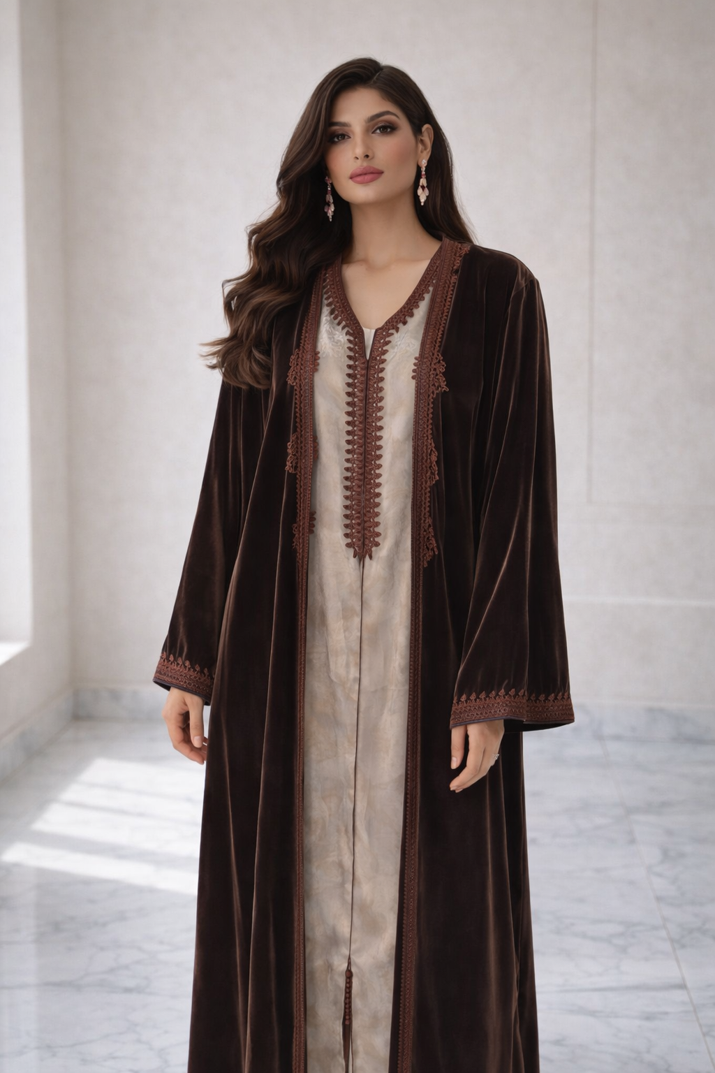 كيمونو بلكفتان ديالو - بني غامق مخمل فاخر مع تطريز بني راقي