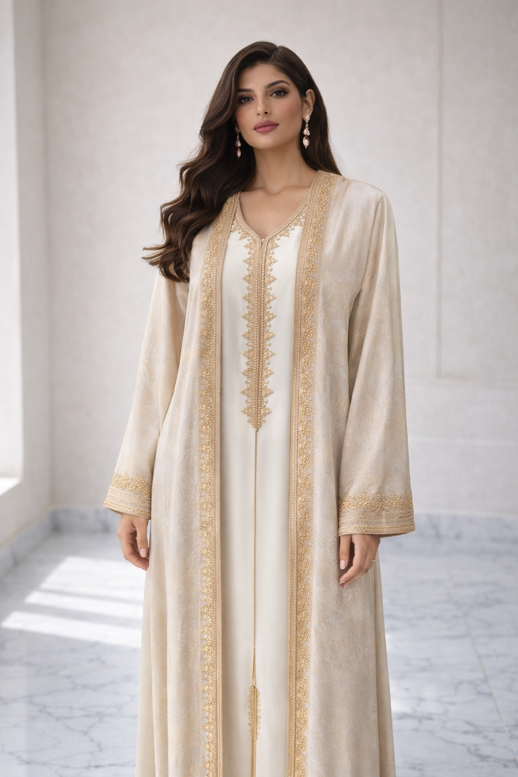 كيمونو بلكفتان ديالو - بيج ذهبي مخملي فاخر مع تطريز ذهبي راقي