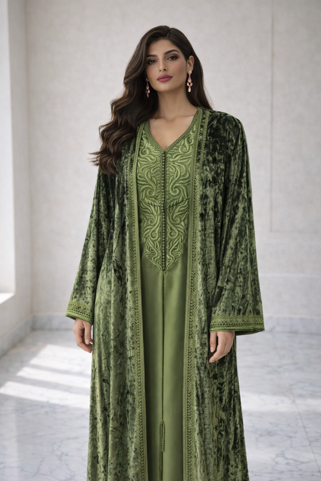 كيمونو بلكفتان ديالو - أخضر مخمل فخم مع تطريز مغربي أنيق