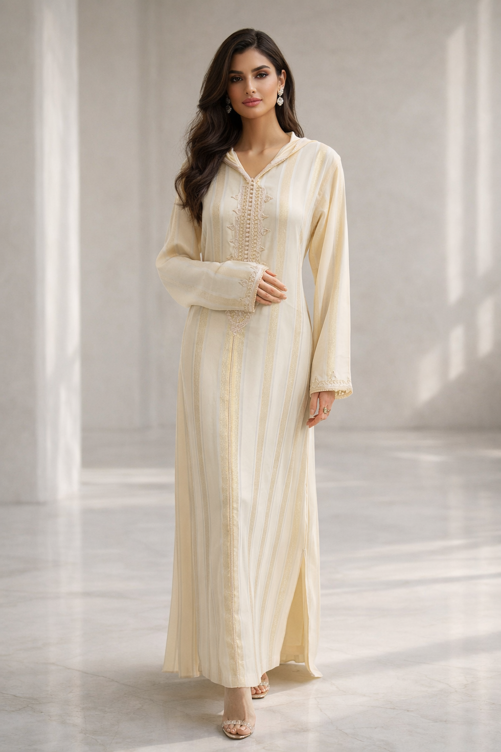 جلابة "نسمة" المخططة باللون البيج - أناقة هادئة وشياكة يومية