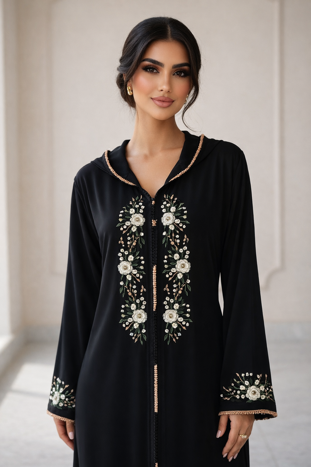 جلابة "نسمة" السوداء بالزهور - شياكة يومية بلمسة فنية