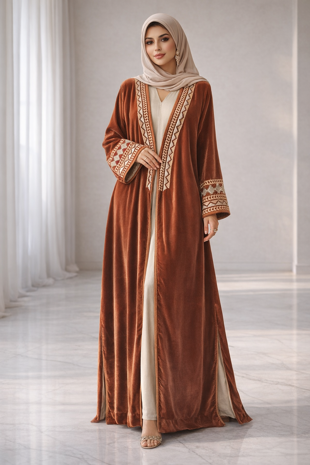 كيمونو مخمل بني فاخر مع تطريز بيج وذهبي زنجي راقي