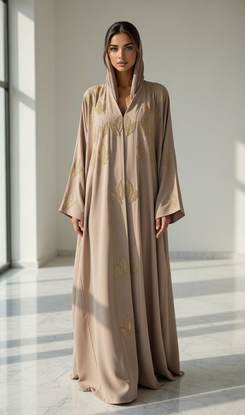 عباية بيج فاخرة مع تطريز ذهبي أوراق راقية