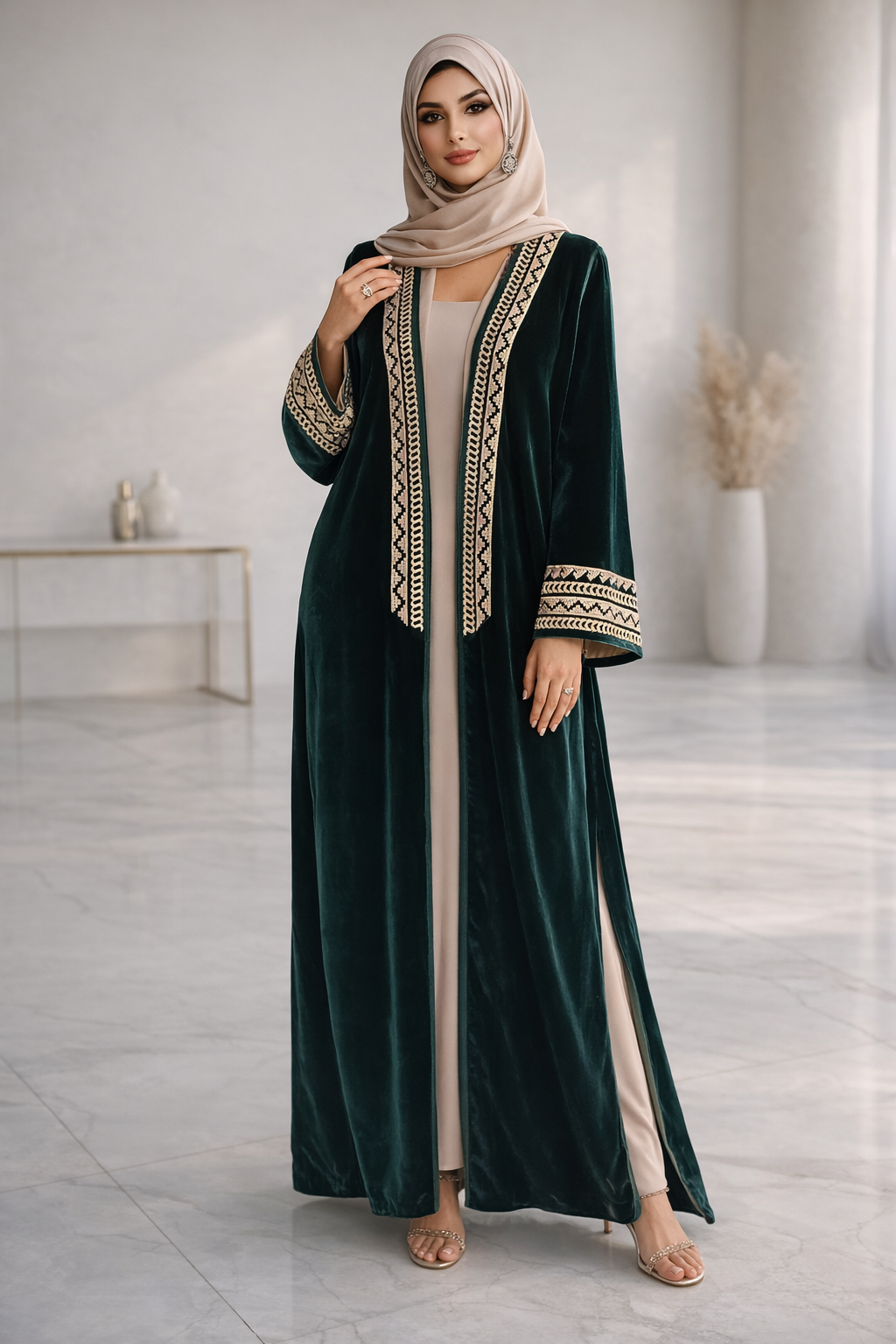 كيمونو مخمل أخضر غامق فاخر مع تطريز ذهبي وبيج زنجي أنيق