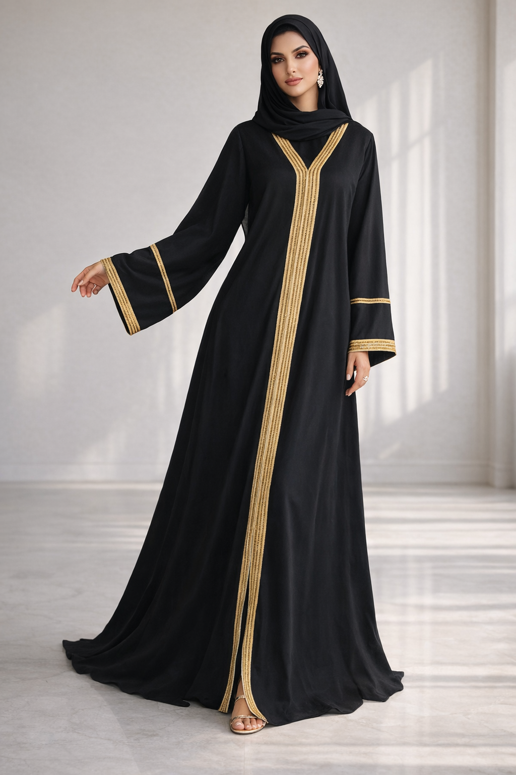 عباية أسود فاخرة مع تطريز ذهبي كلاسيكي راقي