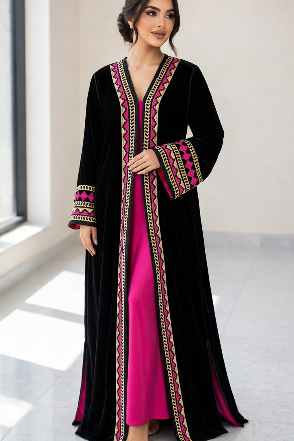 كيمونو مخمل أسود فاخر مع تطريز زنجي وردي ذهبي أنيق