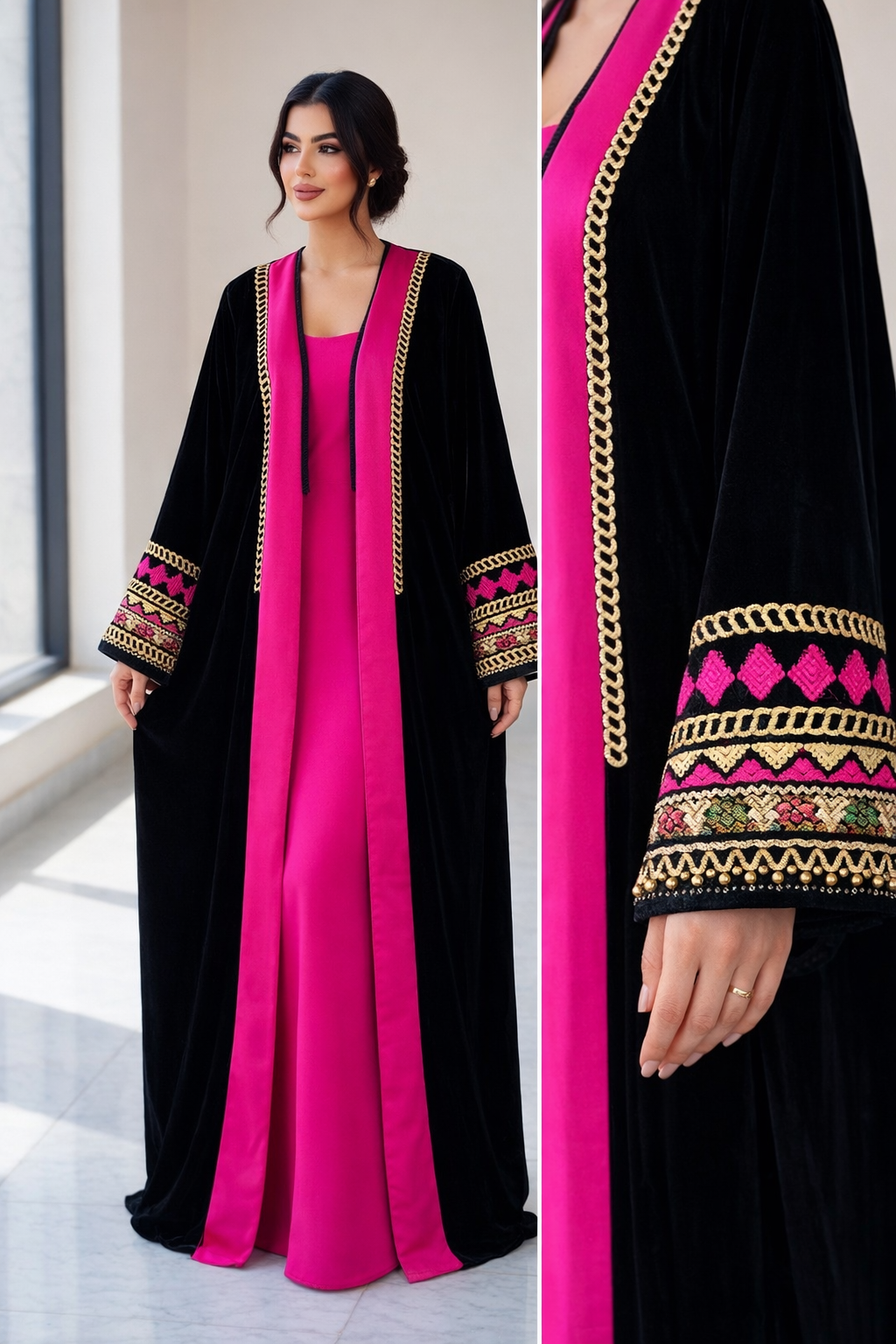 كيمونو مخمل أسود فاخر مع تطريز زنجي وردي ذهبي أنيق