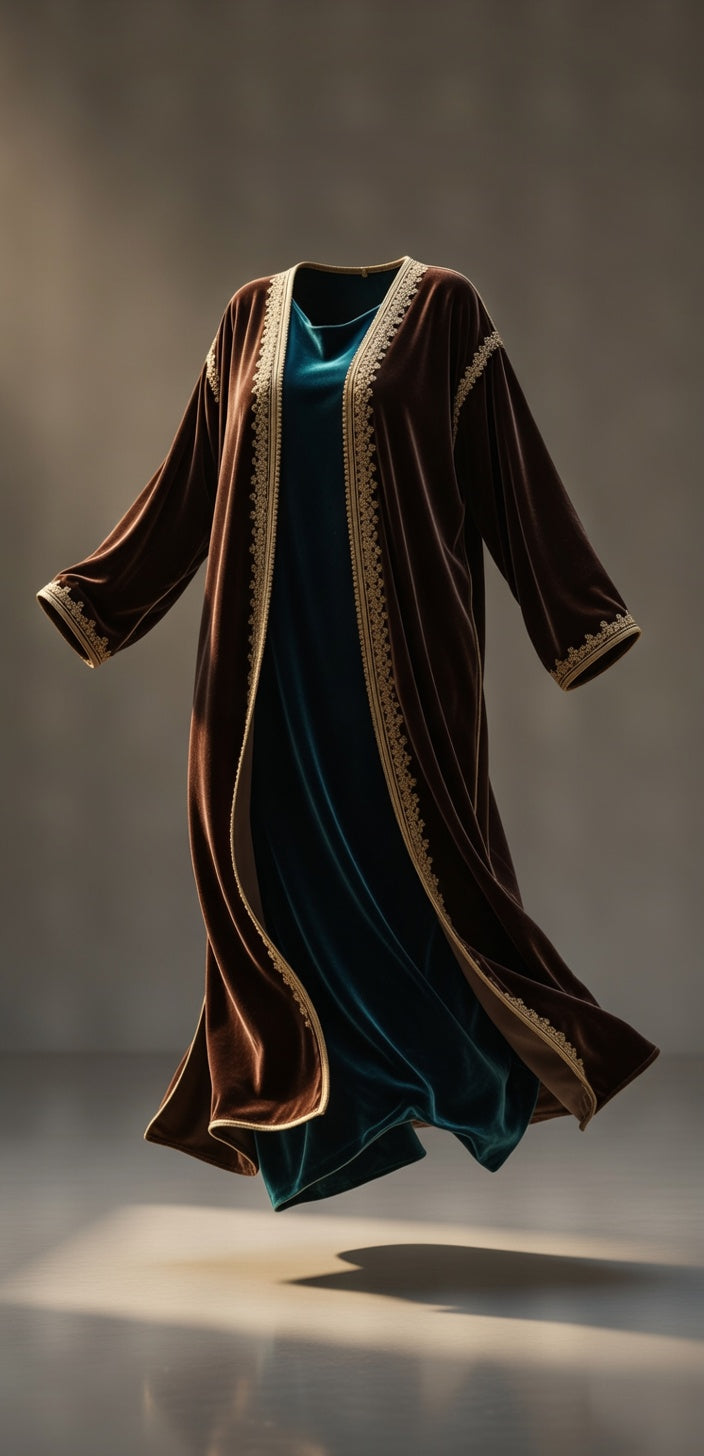 كيمونو مخمل بني فاخر مع تطريز ذهبي راقي