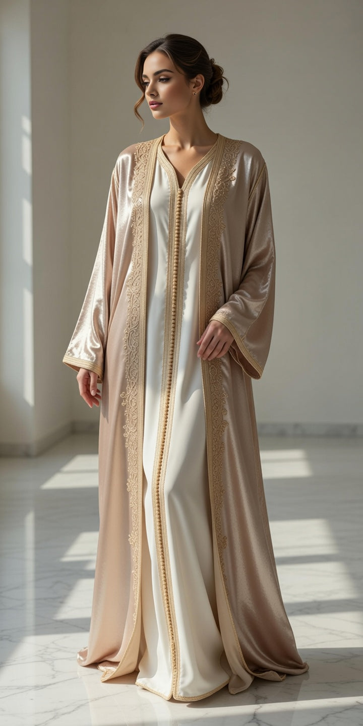 كيمونو بلكفتان ديالو - بيج ذهبي مخملي فاخر مع تطريز ذهبي راقي