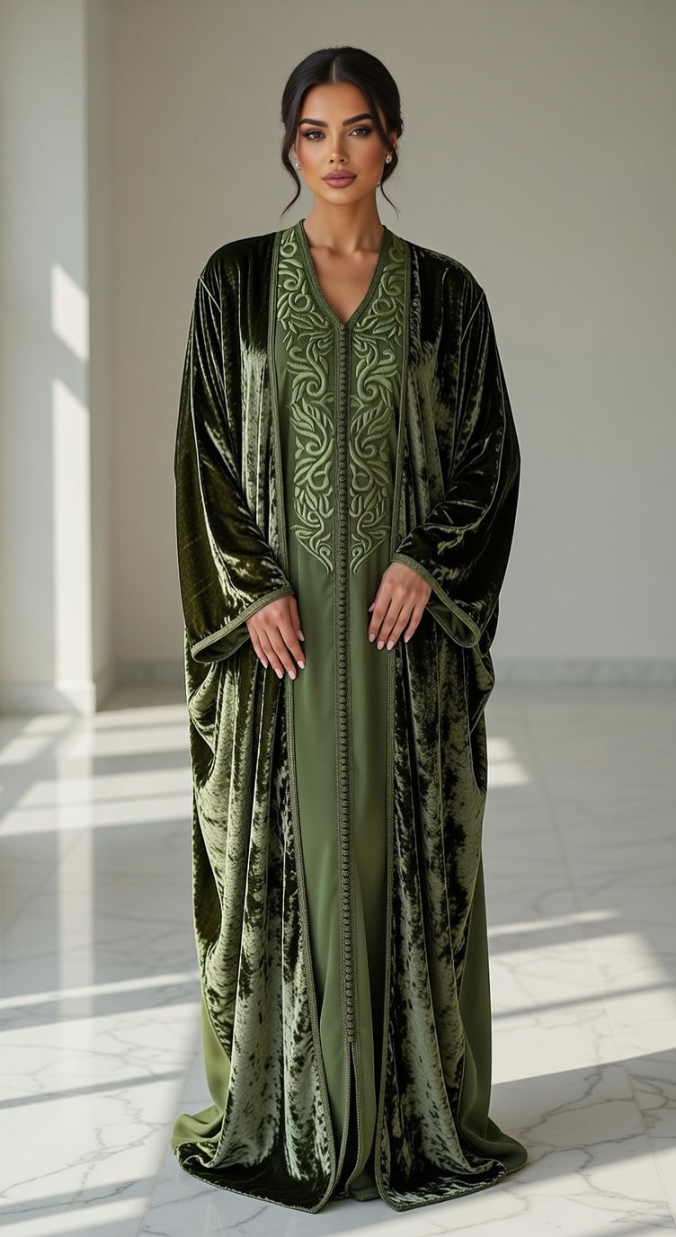 كيمونو بلكفتان ديالو - أخضر مخمل فخم مع تطريز مغربي أنيق