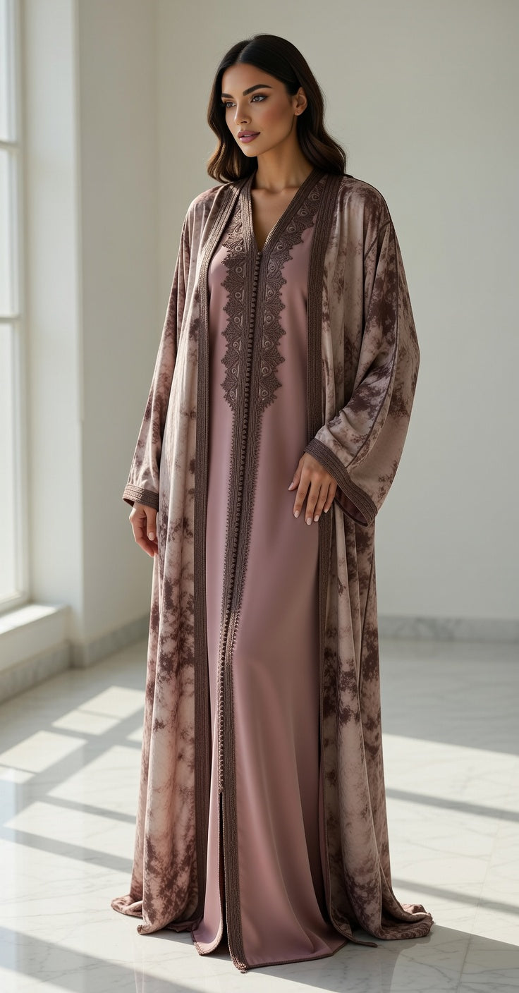 كيمونو بلكفتان ديالو - بني مخمل فخم مع تطريز أنيق