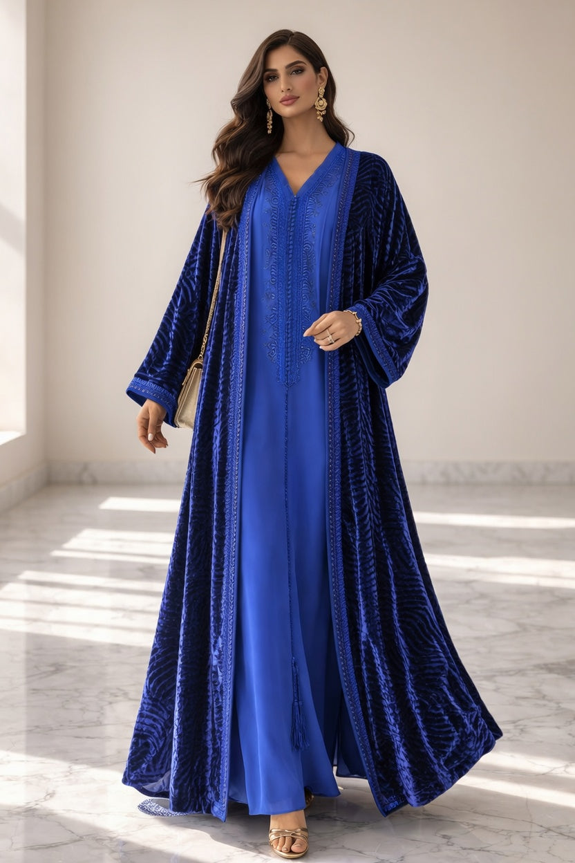 كيمونو مع قفطان باللون الأزرق الملكي – فخامة وأناقة راقية