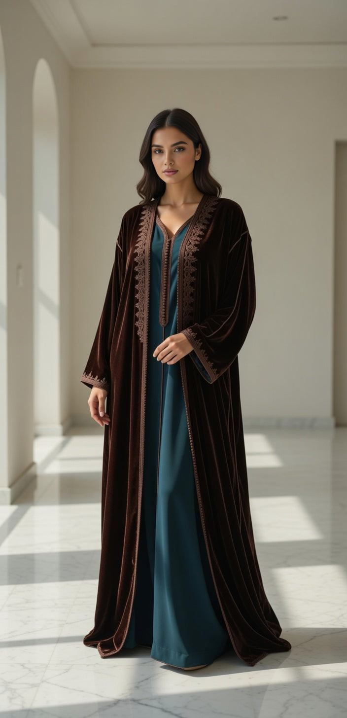 كيمونو مخمل بني فاخر مع تطريز ذهبي راقي