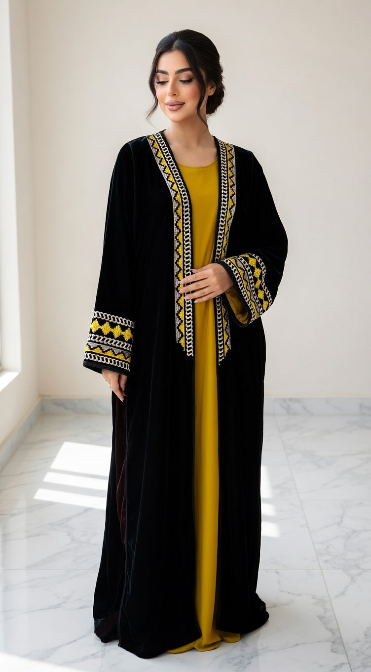 كيمونو مخمل أسود فاخر مع تطريز أصفر وذهبي زنجي أنيق