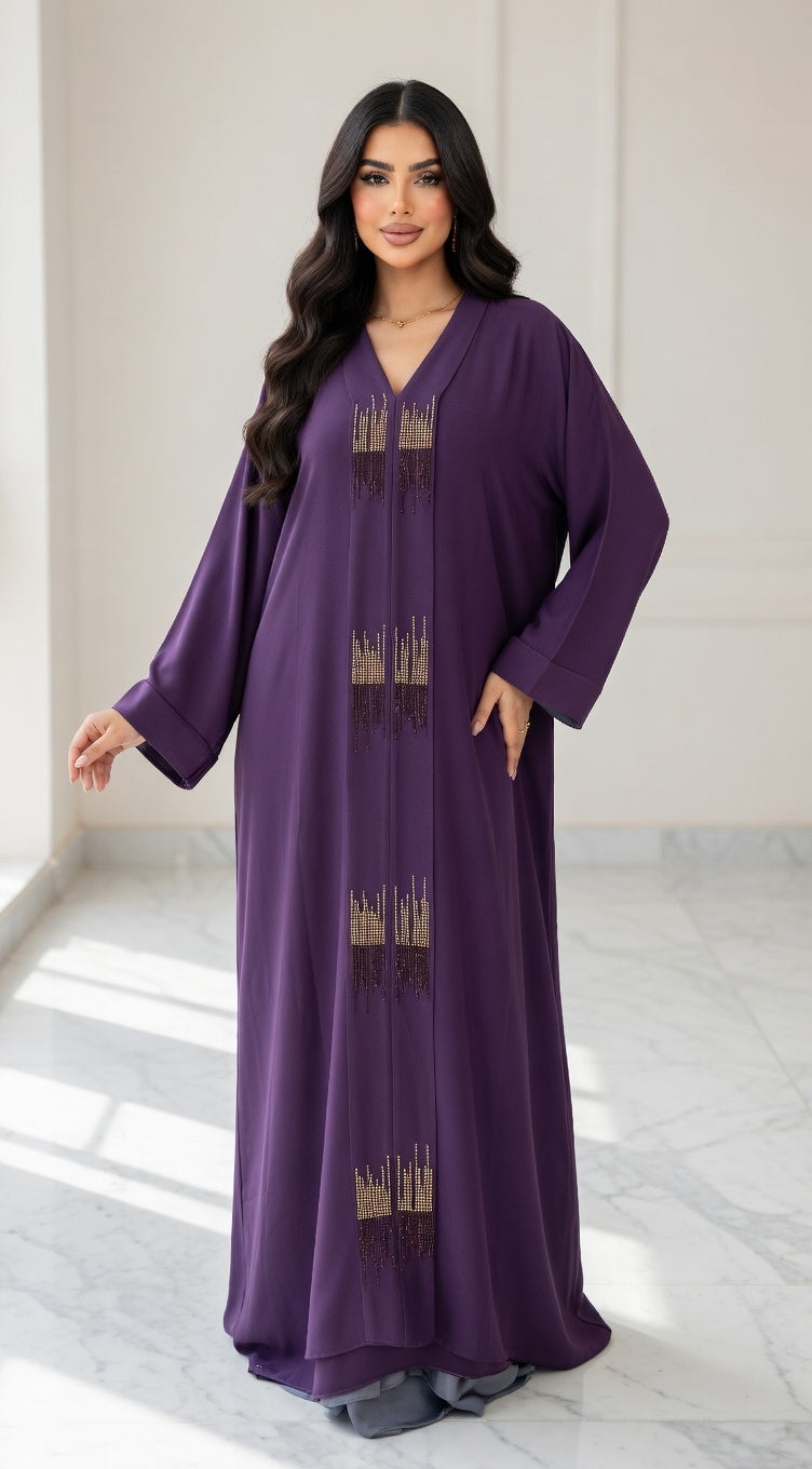 عباية أرجواني غامق فاخرة مع تطريز كريستال ذهبي راقي