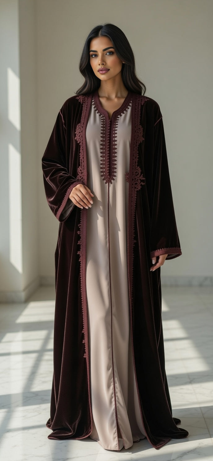 كيمونو بلكفتان ديالو - بني غامق مخمل فاخر مع تطريز بني راقي