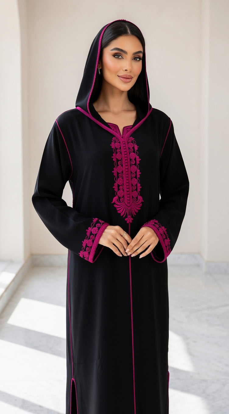 طقم الجلابة والقفطان "نسمة" الوردي مع الأسود - أناقة عصرية وشياكة يومية