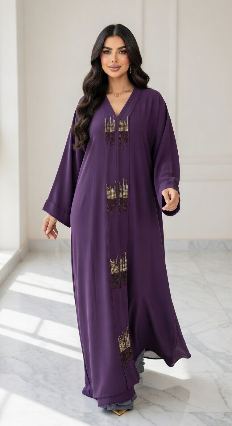عباية أرجواني غامق فاخرة مع تطريز كريستال ذهبي راقي