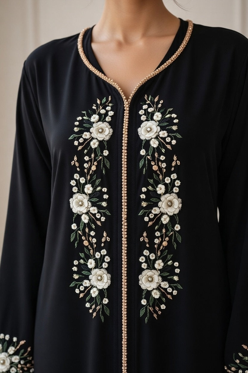 جلابة "نسمة" السوداء بالزهور - شياكة يومية بلمسة فنية