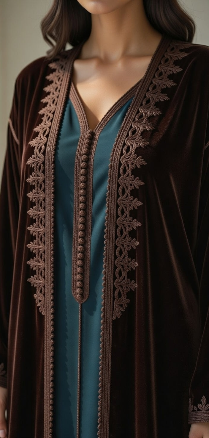 كيمونو مخمل بني فاخر مع تطريز ذهبي راقي
