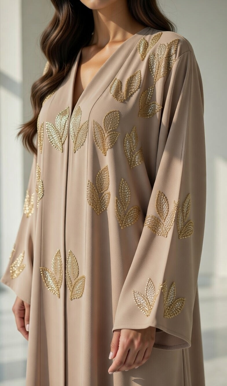 عباية بيج فاخرة مع تطريز ذهبي أوراق راقية