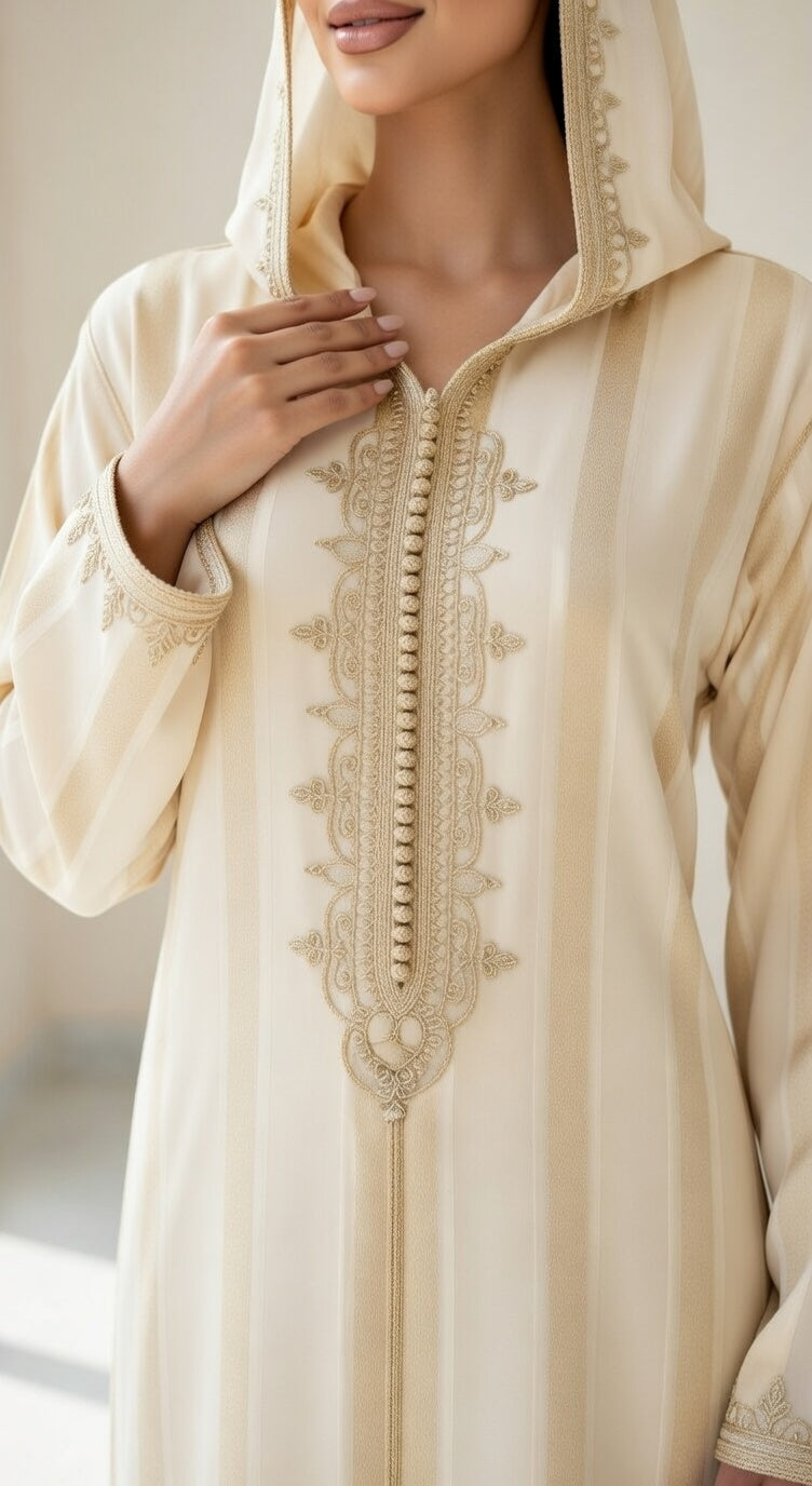 جلابة "نسمة" المخططة باللون البيج - أناقة هادئة وشياكة يومية