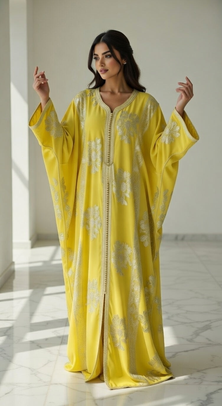 فراشة كفتان مخملي أصفر ذهبي فاخر مع تطريز فضي وذهبي راقي