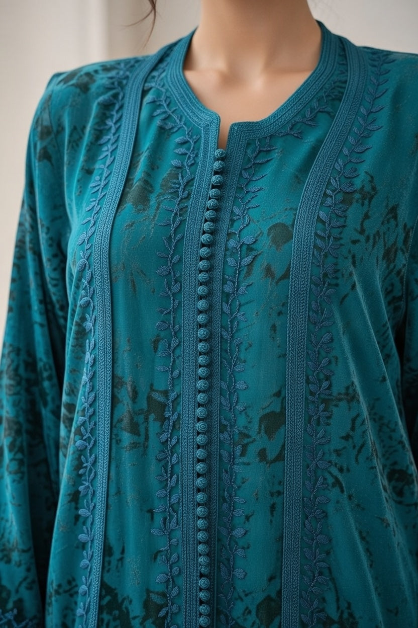 جابادور بلكيمونو ديالو - أزرق مخملي فاخر مع تطريز أزرق داكن راقي