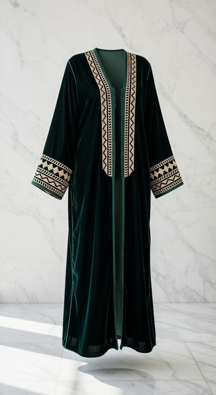 كيمونو مخمل أخضر غامق فاخر مع تطريز ذهبي وبيج زنجي أنيق