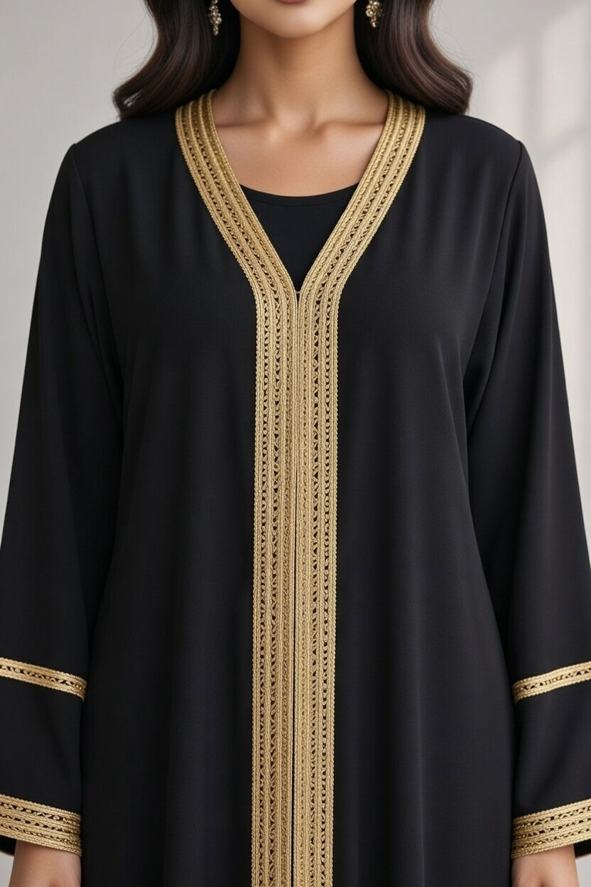 عباية أسود فاخرة مع تطريز ذهبي كلاسيكي راقي
