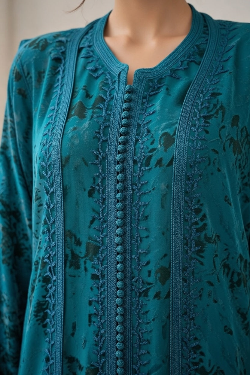 جابادور بلكيمونو ديالو - أزرق مخملي فاخر مع تطريز أزرق داكن راقي