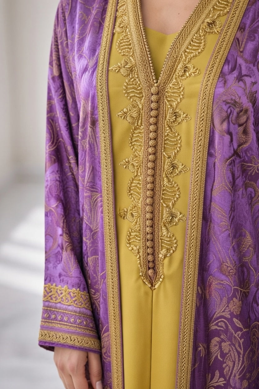 فراشة كيمونو بلكفتان ديالو - أرجواني مخملي فاخر مع تطريز ذهبي ملكي