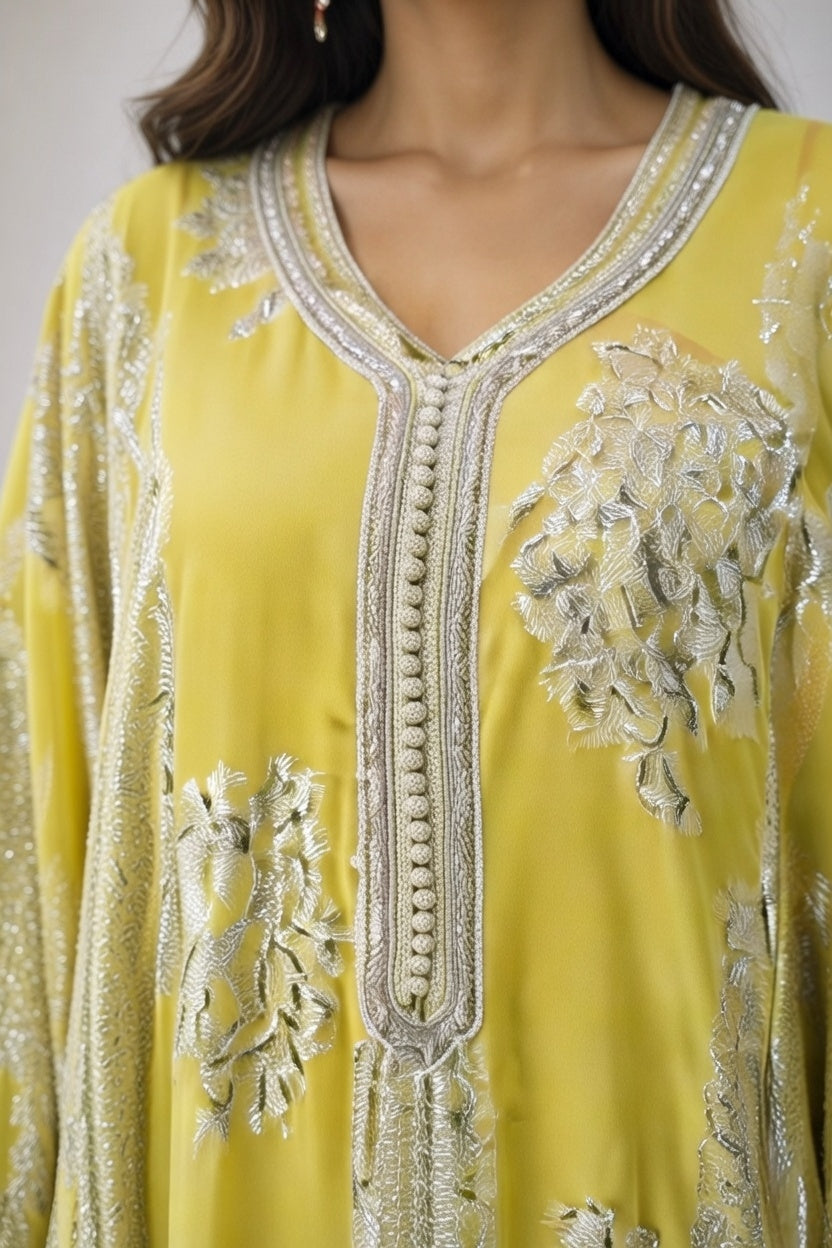 فراشة كفتان مخملي أصفر ذهبي فاخر مع تطريز فضي وذهبي راقي