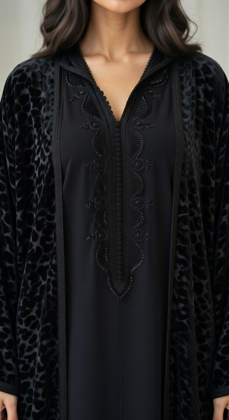 كيمونو فراشة بلكفتان ديالو - أسود مخمل فاخر مع تطريز أسود راقي