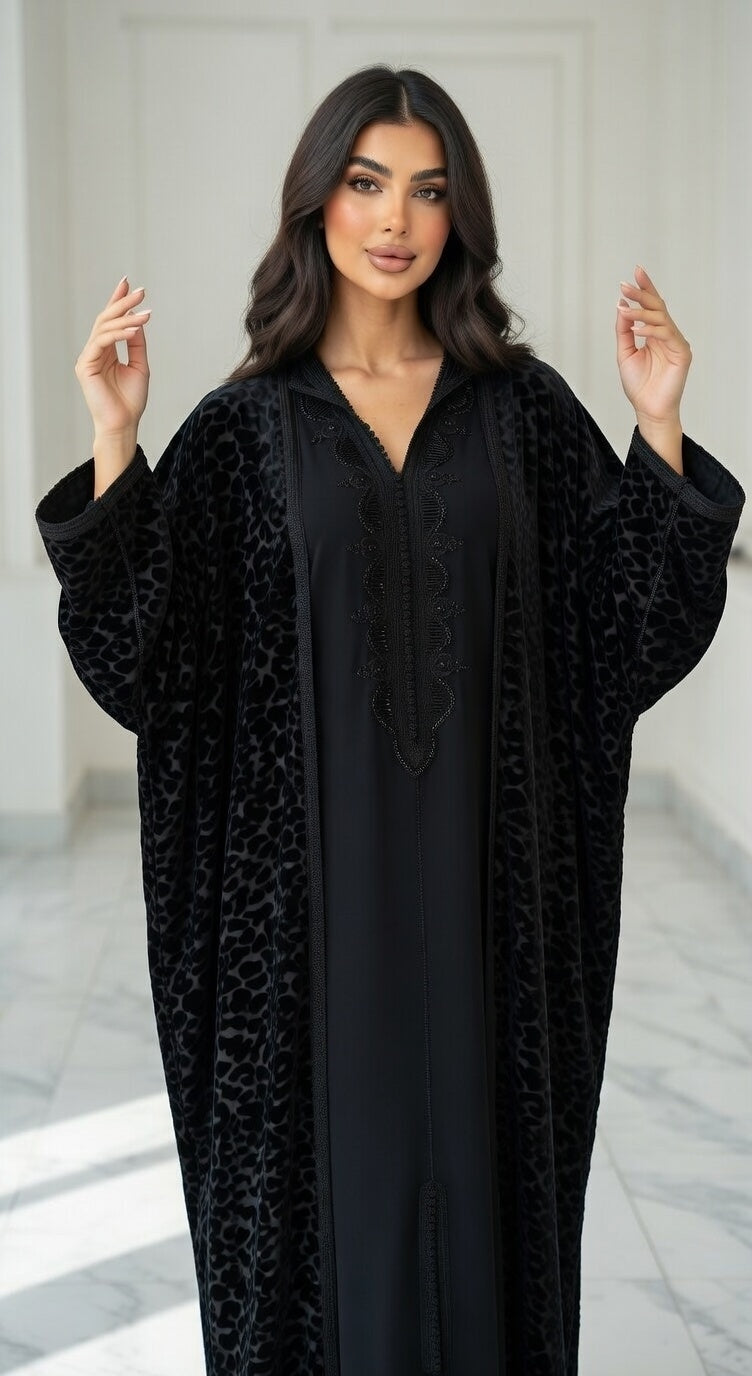 كيمونو فراشة بلكفتان ديالو - أسود مخمل فاخر مع تطريز أسود راقي