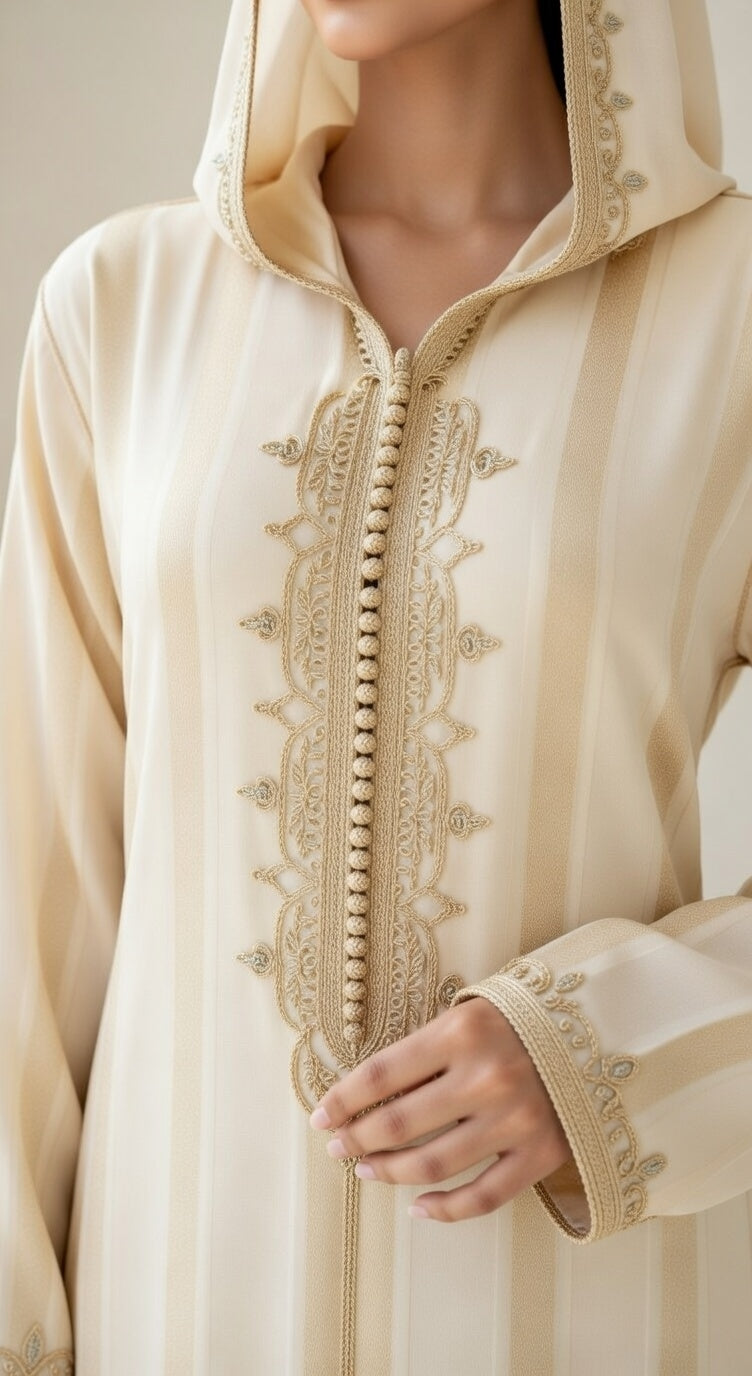 جلابة "نسمة" المخططة باللون البيج - أناقة هادئة وشياكة يومية