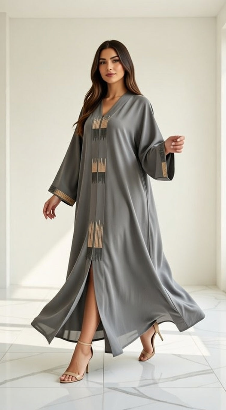عباية رمادي غامق فاخرة مع تطريز خشبي وذهبي أنيق