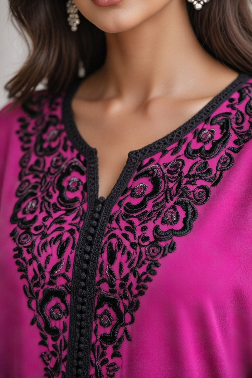 فراشة كفتان ساتان فوشيا فاخر مع تطريز أسود مطرز بالكريستال راقي - deux faces
