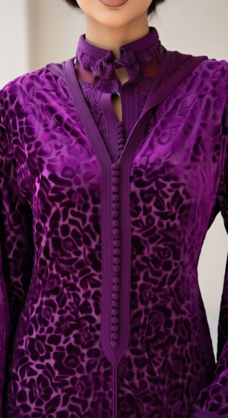 جلابة قطعتين مخملية باللون البنفسجي مع قفطان – أناقة تقليدية عصرية