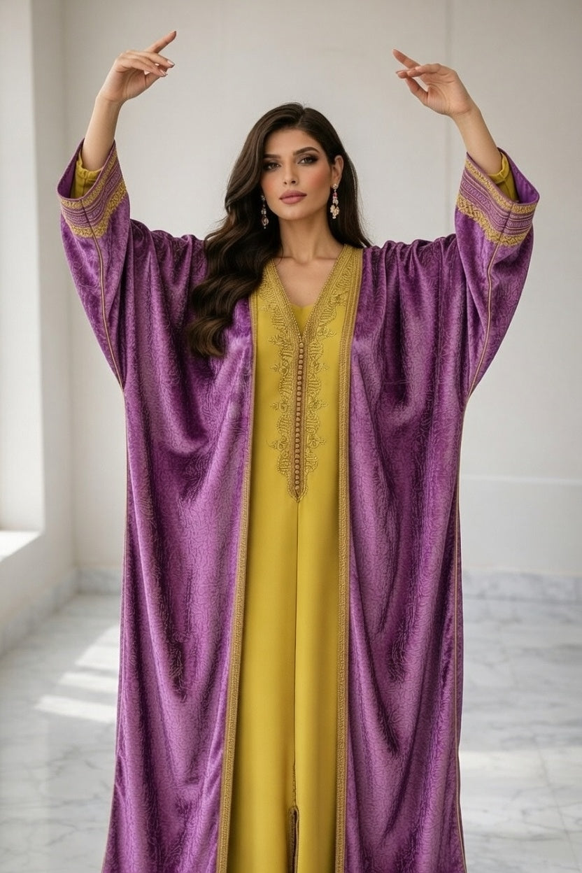 فراشة كيمونو بلكفتان ديالو - أرجواني مخملي فاخر مع تطريز ذهبي ملكي