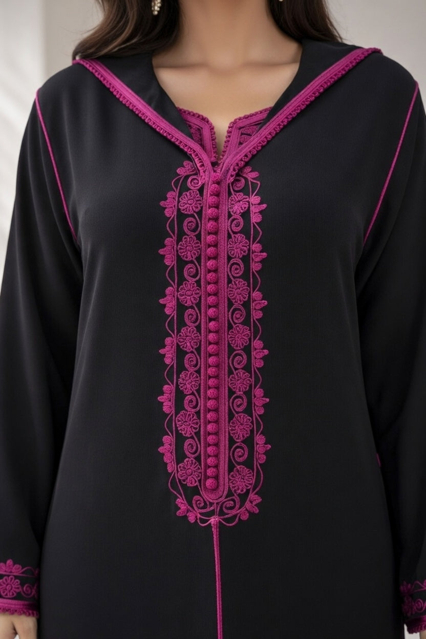 طقم الجلابة والقفطان "نسمة" الوردي مع الأسود - أناقة عصرية وشياكة يومية