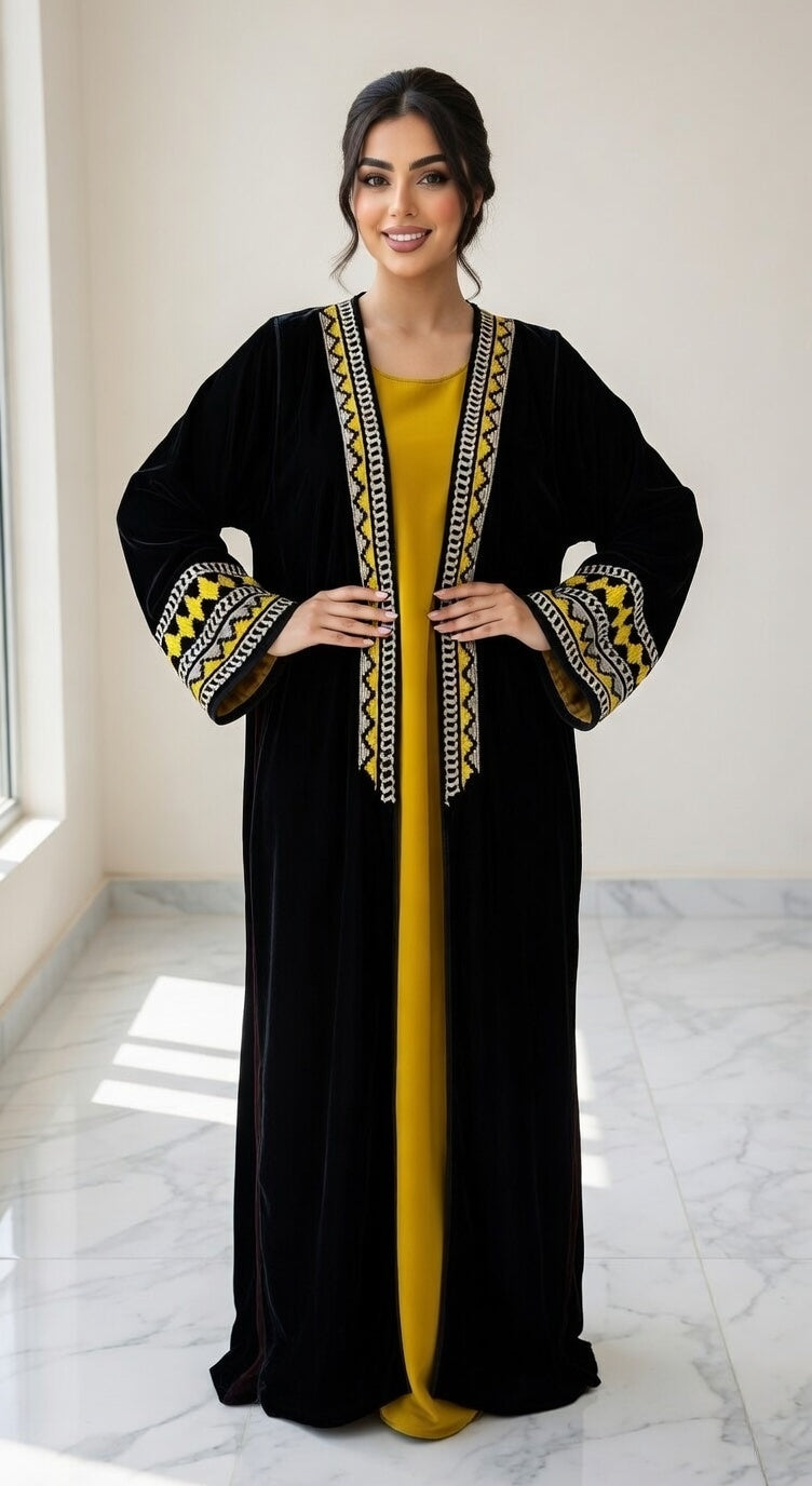 كيمونو مخمل أسود فاخر مع تطريز أصفر وذهبي زنجي أنيق