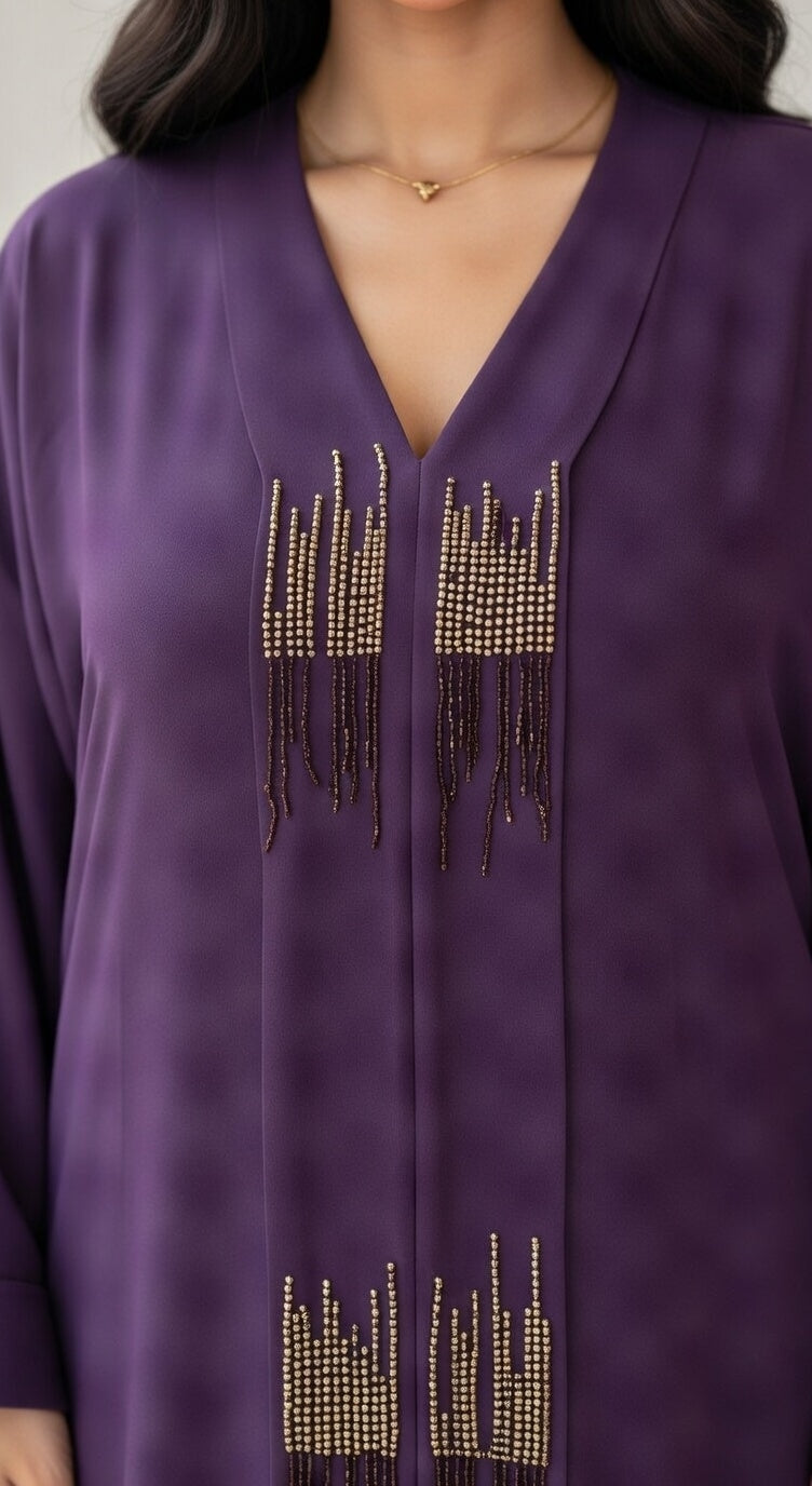 عباية أرجواني غامق فاخرة مع تطريز كريستال ذهبي راقي