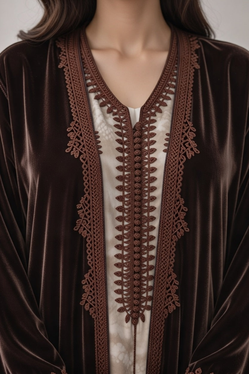 كيمونو بلكفتان ديالو - بني غامق مخمل فاخر مع تطريز بني راقي