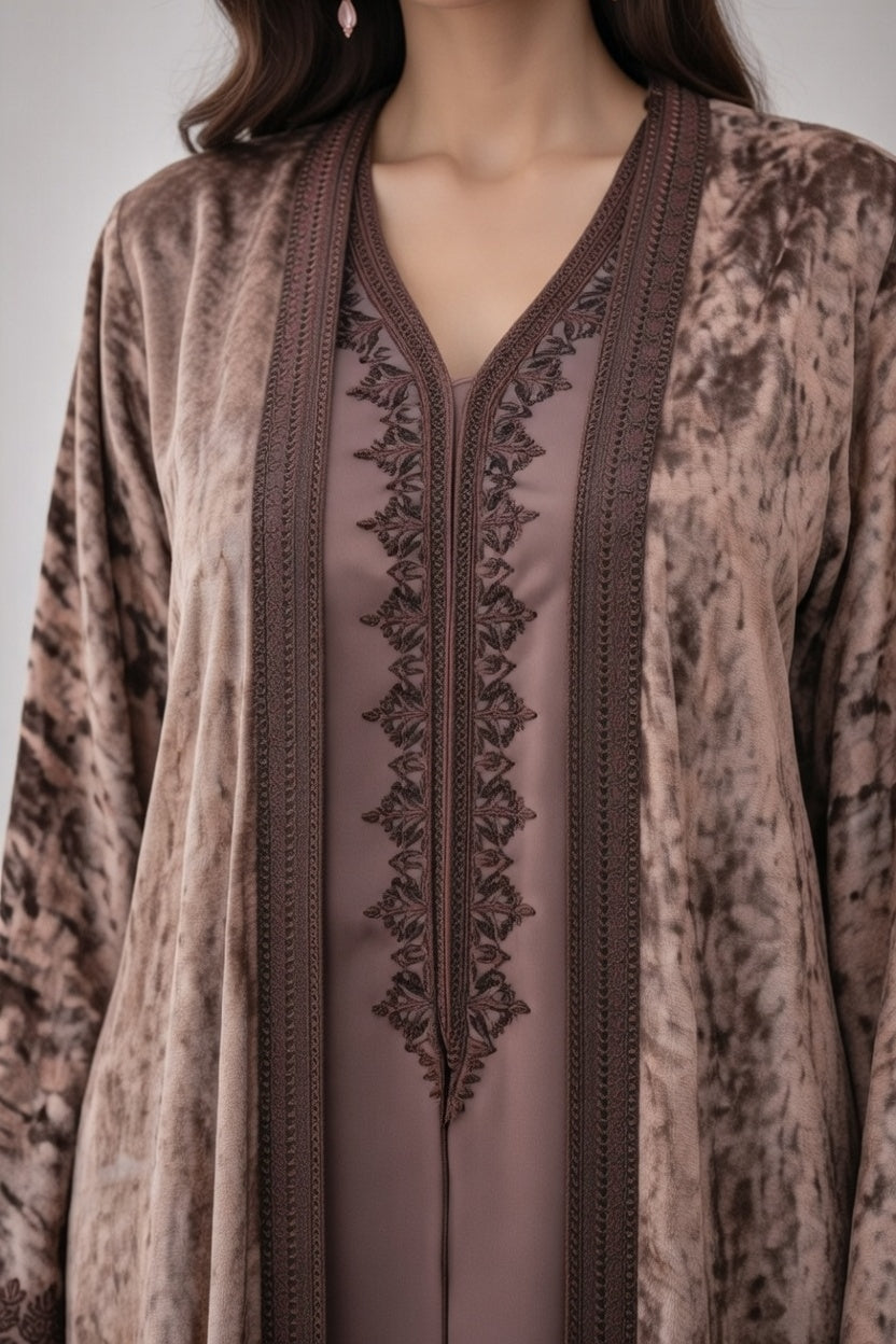 كيمونو بلكفتان ديالو - بني مخمل فخم مع تطريز أنيق