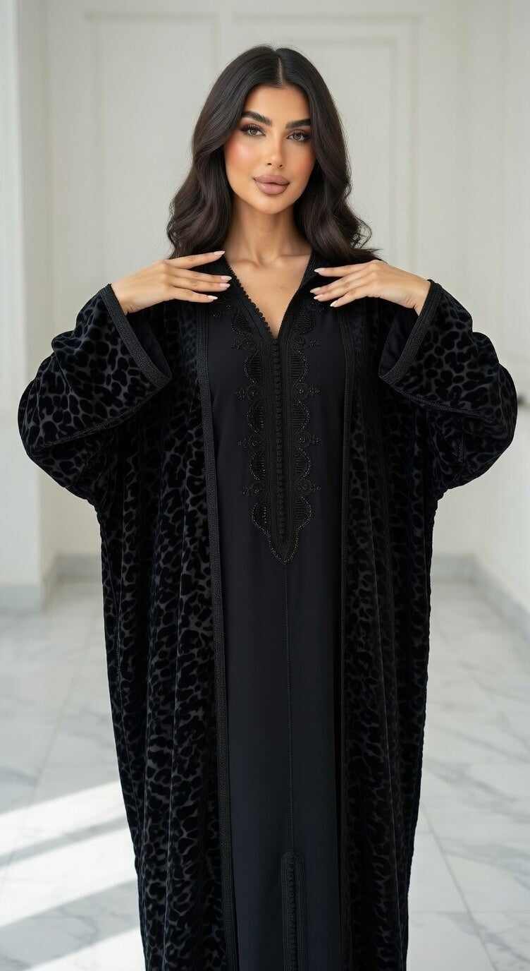 كيمونو فراشة بلكفتان ديالو - أسود مخمل فاخر مع تطريز أسود راقي