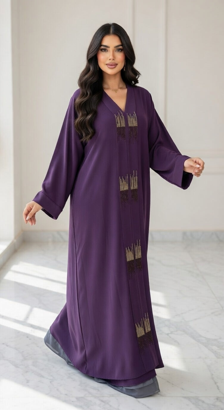 عباية أرجواني غامق فاخرة مع تطريز كريستال ذهبي راقي